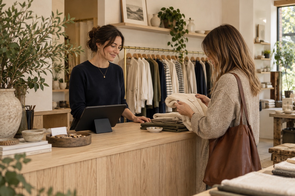Escena ilustrativa de atención en una tienda de indumentaria